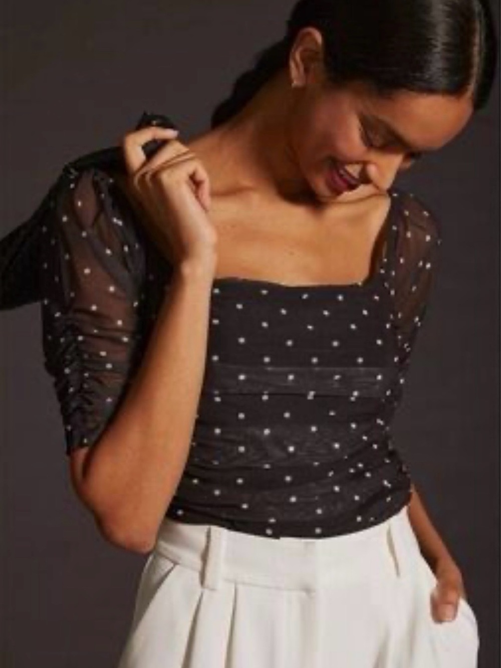 NWT | ANTHROPOLOGIE | POLKA DOT RUCHED DRAPED TOP | SIZE S